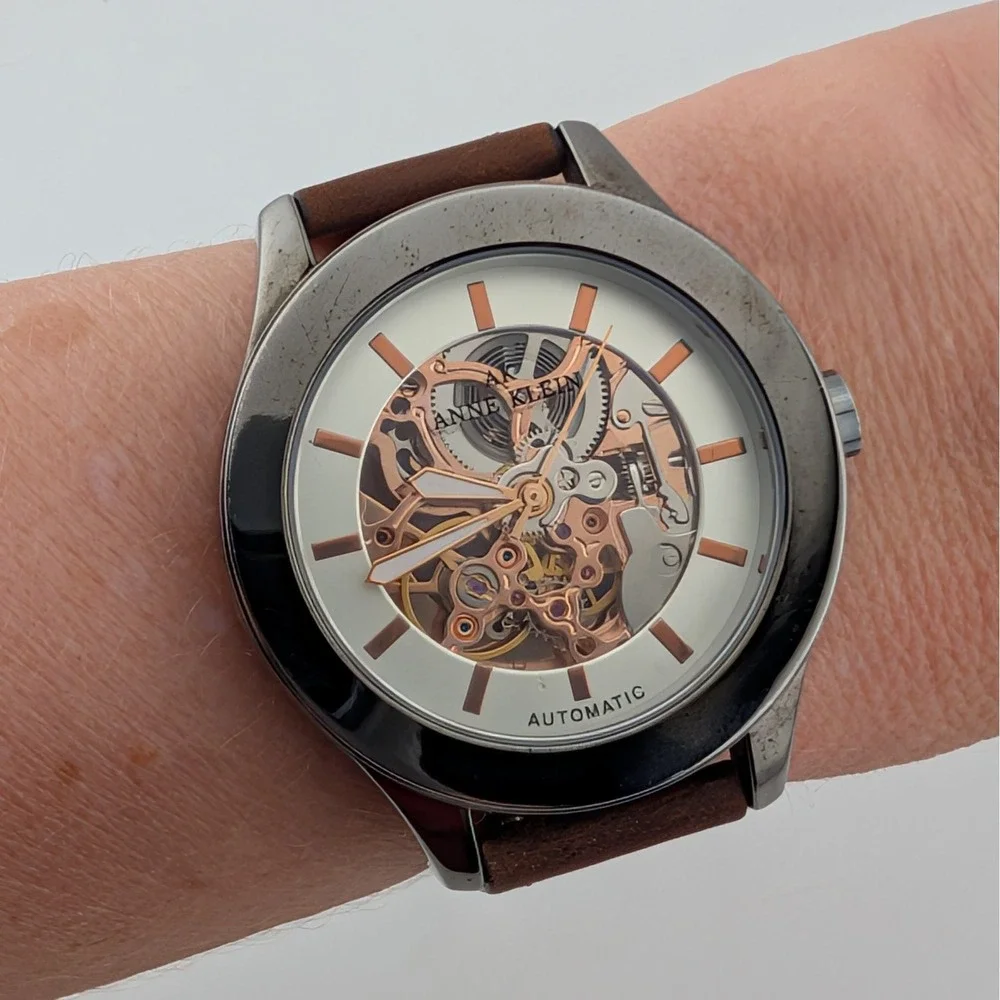 Anne Klein Automatic Skeleton Watch Rose Gold Tone Brown Leather 40mm TY2807RG